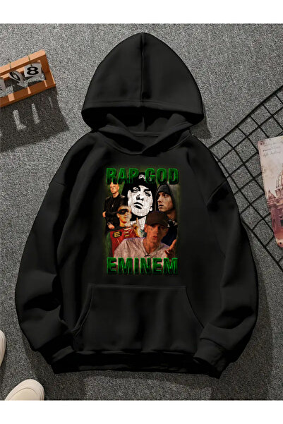COMVİCHO سويت شيرت أسود بقلنسوة مطبوعة من eminem v3