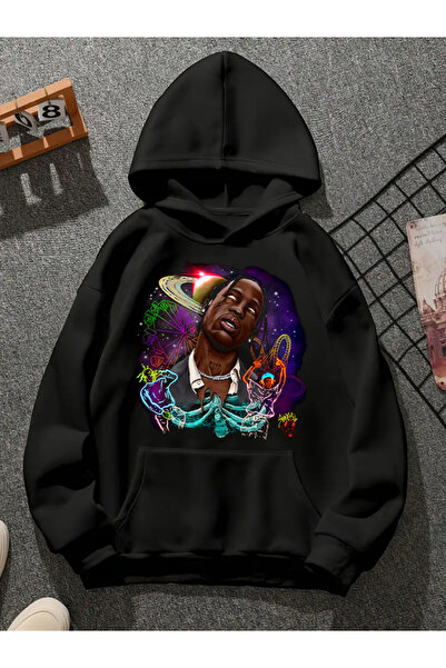 COMVİCHO سويت شيرت أسود بقلنسوة مطبوعة من ترافيس سكوت v8