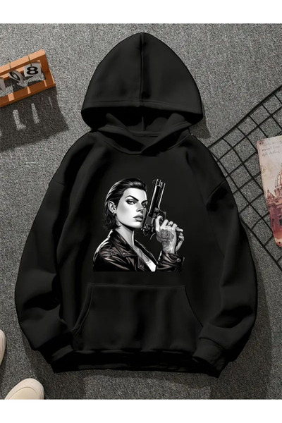 COMVİCHO سترة رياضية سوداء مطبوعة بغطاء للرأس من GIRLBLACK