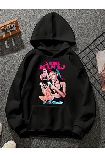 COMVİCHO Nıckı Mınaj V1 Printed Hooded Black Sweatshirt