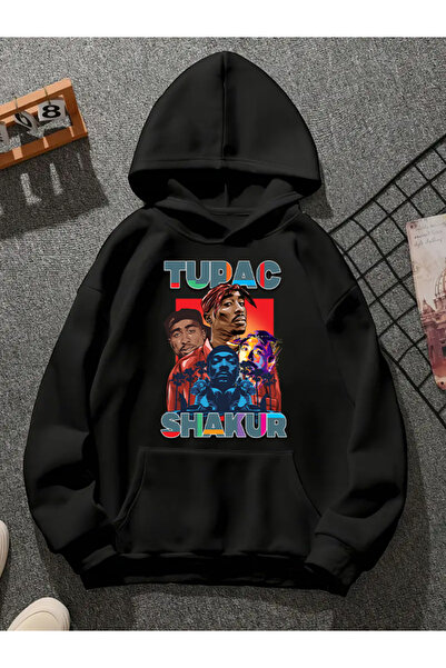 COMVİCHO سويت شيرت أسود بقلنسوة مطبوعة من tupac v3