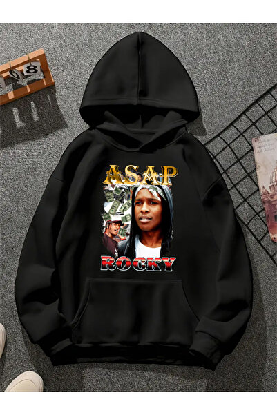 COMVİCHO Asap Rocky V15 Printed Hooded Black Sweatshirt