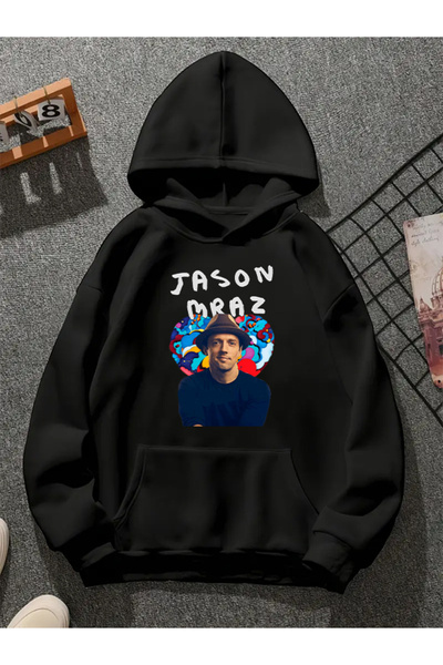 COMVİCHO Jason Mraz V1 Printed Hooded Black Sweatshirt