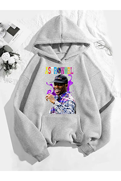 COMVİCHO سويت شيرت رمادي بقلنسوة مطبوعة من ترافيس سكوت v23