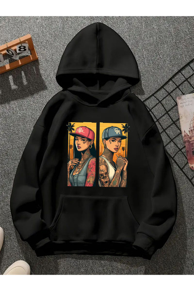 COMVİCHO Cuadrostylegta Printed Hooded Black Sweatshirt
