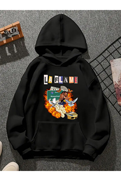 COMVİCHO سويت شيرت أسود بقلنسوة مطبوعة من la flame v1