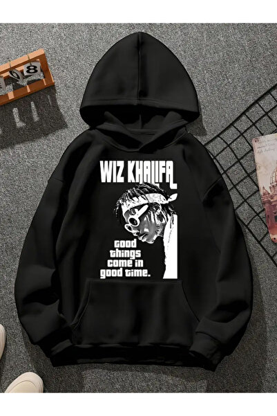 COMVİCHO سويت شيرت أسود بقلنسوة مطبوعة من wiz khalifa v10