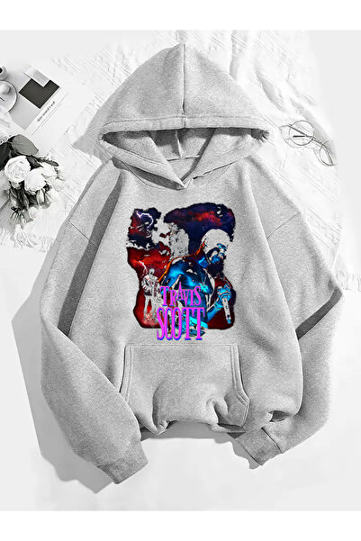 COMVİCHO سويت شيرت رمادي بقلنسوة مطبوعة من ترافيس سكوت v4