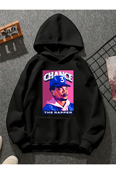 COMVİCHO سويت شيرت أسود بقلنسوة مطبوعة من تشانس