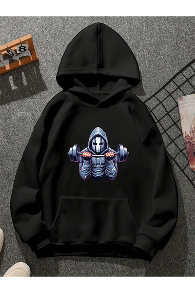 COMVİCHO Fortniteblue Printed Hooded Black Sweatshirt