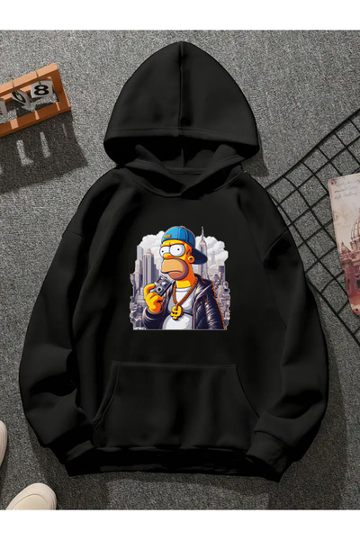 COMVİCHO سويت شيرت أسود بقلنسوة مطبوعة من هوميرسيتي