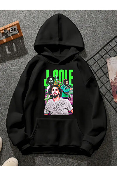 COMVİCHO سويت شيرت أسود بقلنسوة مطبوع عليه j cole w2