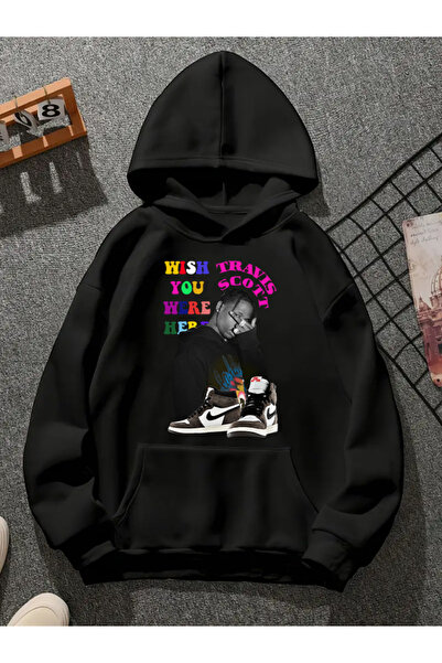 COMVİCHO سويت شيرت أسود بقلنسوة مطبوعة من ترافيس سكوت v21