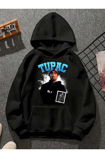 COMVİCHO سويت شيرت أسود بقلنسوة مطبوعة من tupac v24