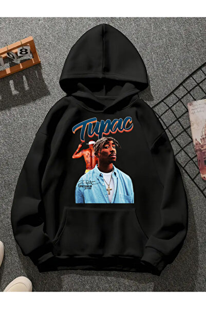 COMVİCHO سويت شيرت أسود بقلنسوة مطبوعة من tupac v14