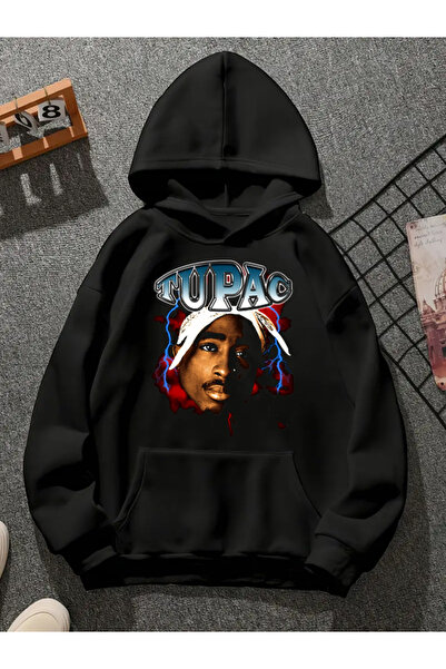 COMVİCHO Tupac V11 Printed Hooded Black Sweatshirt