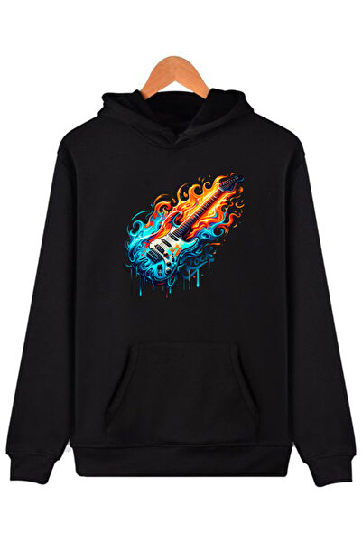 COMVİCHO Guitar Printed Hooded Black Sweatshirt