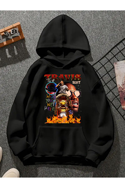 COMVİCHO سويت شيرت أسود بقلنسوة مطبوعة من ترافيس سكوت v6