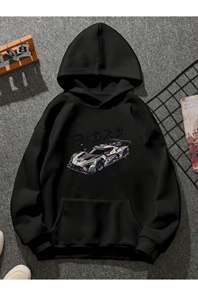 COMVİCHO Japoncar096 Printed Hooded Black Sweatshirt