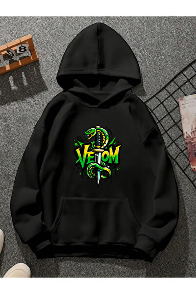 COMVİCHO سويت شيرت أسود بقلنسوة مطبوع عليه فينوم