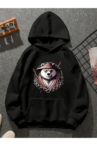 COMVİCHO Bear003 Printed Hooded Black Sweatshirt
