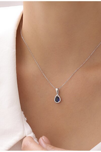 nuun silver 925 Ayar Gümüş Mavi Zirkon Taşlı Rodyum Kaplama Damla Kolye