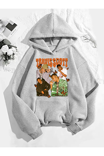 COMVİCHO سويت شيرت رمادي بقلنسوة مطبوعة من ترافيس سكوت v5