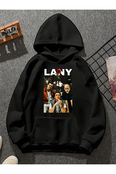 COMVİCHO سويت شيرت أسود بقلنسوة مطبوعة من lany v1