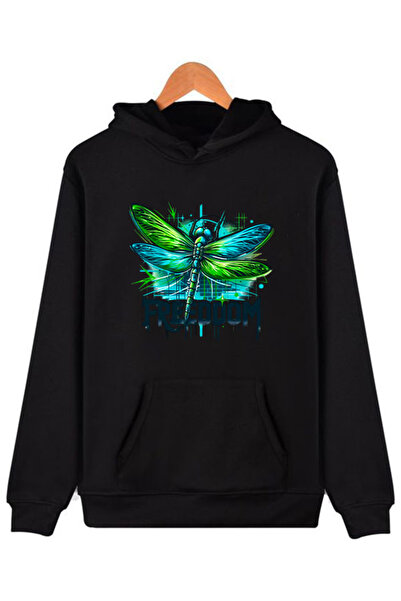 COMVİCHO Freedom Printed Hooded Black Sweatshirt