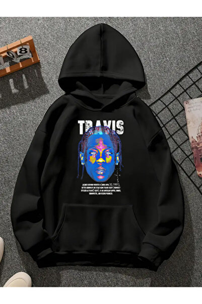 COMVİCHO سويت شيرت أسود بقلنسوة مطبوعة من ترافيس v1