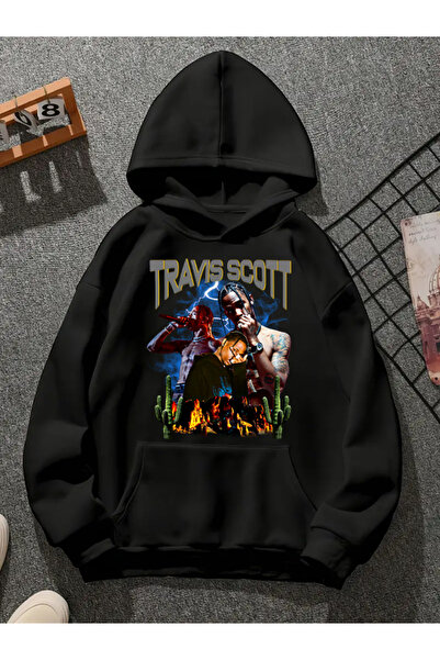 COMVİCHO سويت شيرت أسود بقلنسوة مطبوعة من ترافيس سكوت v24