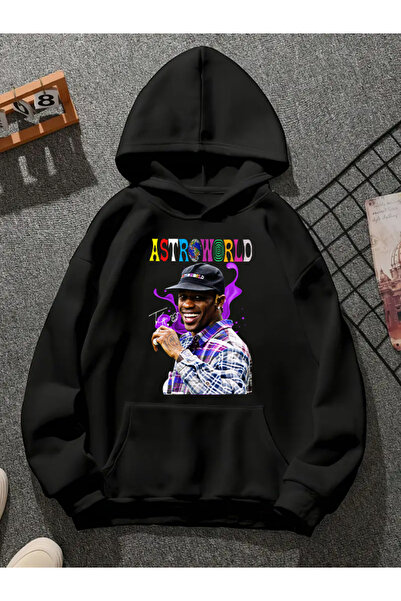 COMVİCHO سويت شيرت أسود بقلنسوة مطبوعة من ترافيس سكوت v23