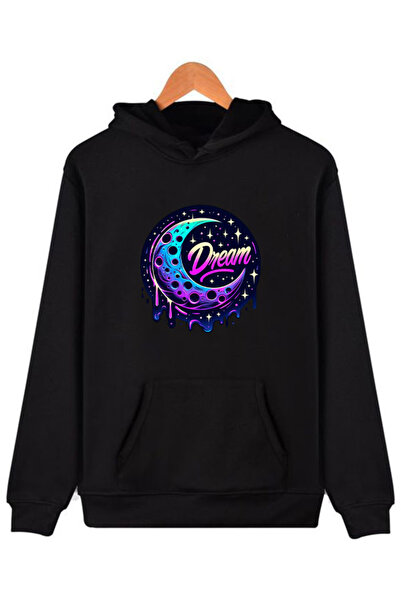 COMVİCHO سويت شيرت أسود بقلنسوة مطبوع عليه dream