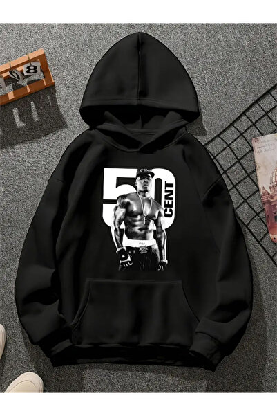 COMVİCHO سويت شيرت أسود بقلنسوة مطبوع عليه 50 سنت v8