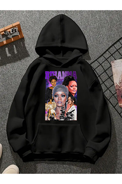 COMVİCHO Rihanna V5 Printed Hooded Black Sweatshirt