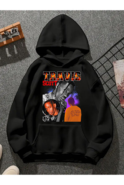 COMVİCHO سويت شيرت أسود بقلنسوة مطبوعة من ترافيس سكوت v13