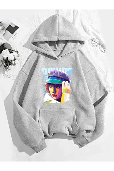 COMVİCHO سويت شيرت رمادي بقلنسوة مطبوعة من تايلور v1