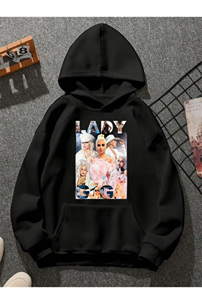 COMVİCHO سويت شيرت أسود بقلنسوة مطبوعة من ليدي غاغا v3