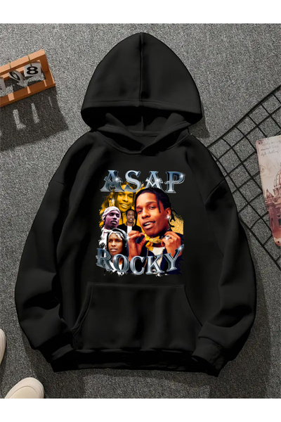 COMVİCHO Asap Rocky V13 Printed Hooded Black Sweatshirt