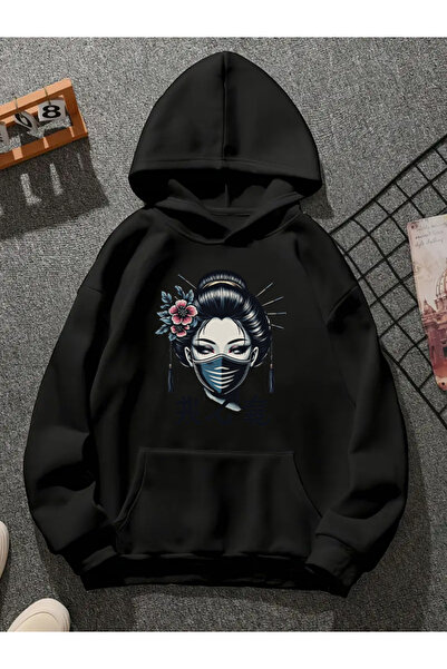 COMVİCHO اسيان006 سويت شيرت أسود بقلنسوة مطبوعة