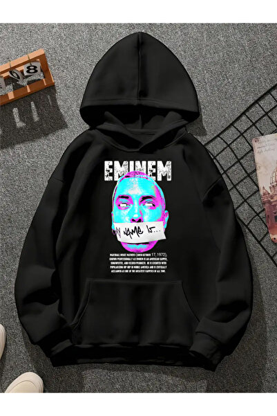 COMVİCHO سويت شيرت أسود بقلنسوة مطبوعة من eminem v19
