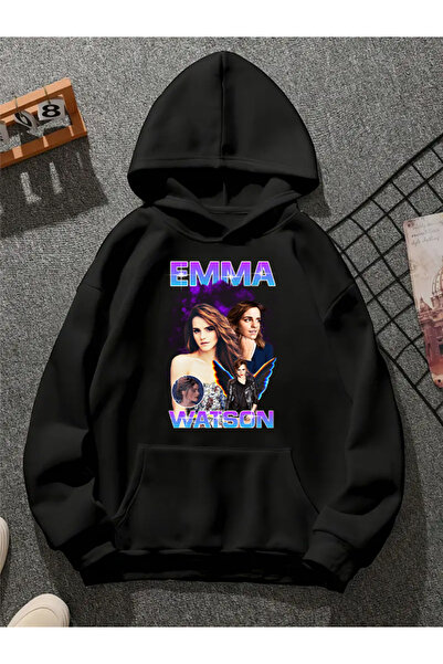 COMVİCHO Emma Vatson V1 Printed Hooded Black Sweatshirt
