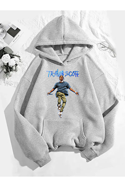 COMVİCHO سويت شيرت رمادي بقلنسوة مطبوعة من ترافيس سكوت v18