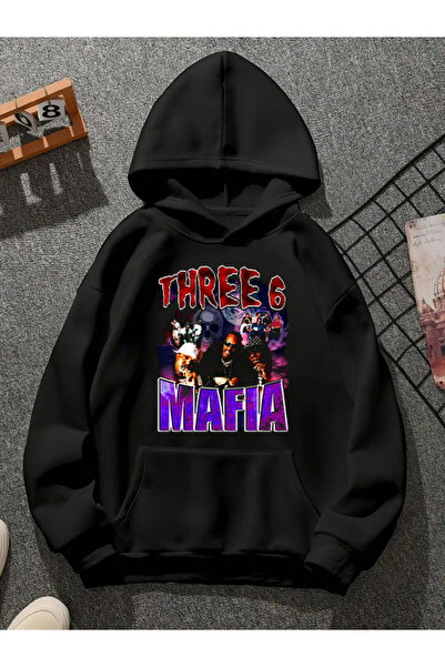 COMVİCHO Three 6 Mafia V2 Printed Hooded Black Sweatshirt
