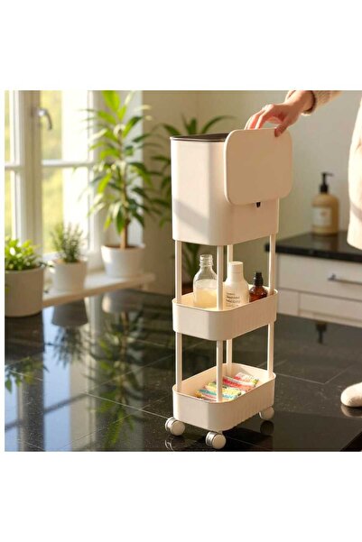 Ar Armese Çöp Kovası İki Raf Üniteli Tekerlekli Fonksiyonel Kapaklı Banyo Ve ...