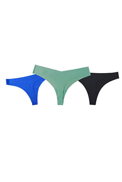 PriStyle Set of 3 Premium Synthetic Silk Women's Panties, Seamless, Thong Type, Turquoise, Blue, L