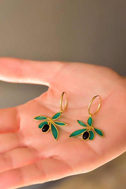 Papatya Silver 925 Ayar Gümüş Oniks Taşlı Zeytin Dalı Küpe.rose.gold.rodaj