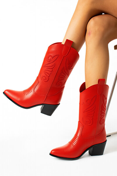 POTEEN Ptc Mena Kadın Western Kovboy Nakışlı Topuklu Bot-kırmızı