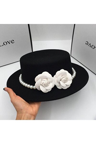 Pursehuit Pălărie neagră, stil bărțuitor, lucrată manual, cu flori și perle, ...