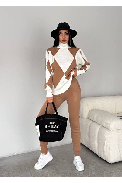 rengastyle Set de tricotaje dublu pentru femei, cu model mare de diamante, cu...